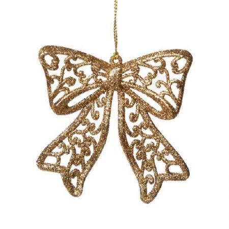 Елочная игрушка Бантик пластик золотистая (высота 9 см)